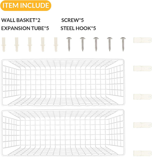 2 Sets Extra Large White Metal Hanging Wall Baskets with Steel Hooks for Organizing Storage
