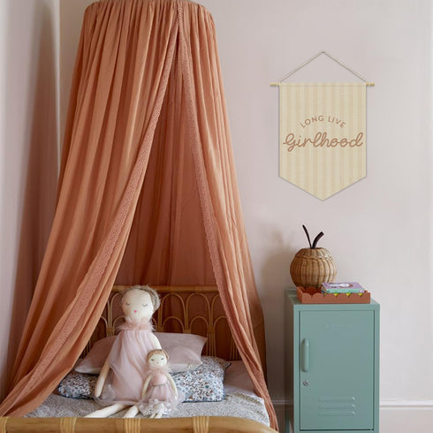 XYDEG 15x11in Girl Nursery Decor, Long Live Girlhood Linen Canvas Banner, Neutral Striped Wall Hanging Pennant Flag