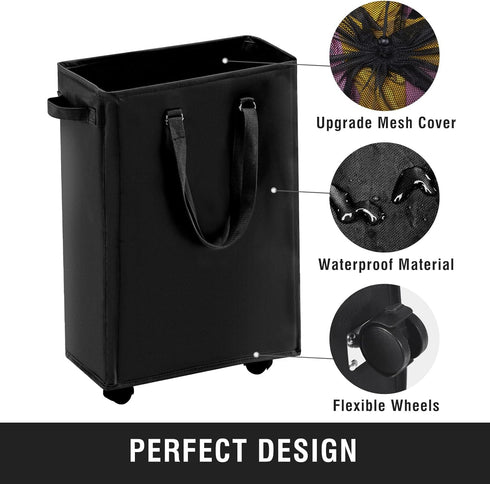 Slim Rolling Laundry Basket, 45L Small Hamper with Wheels and Adjustable Long Handles, Black