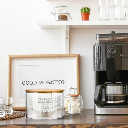 Coffee Filter Holder, Reusable Clear Storage Container with Bamboo Lid, Stylish Dispenser for Kitchen Countertop