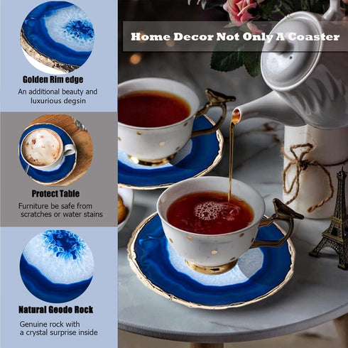 Yougoals Blue Agate Coasters 4"-3.5", Brazilian Geode Coasters with Gold Rim, Natural Gem Stone Cup Mat (1PK)