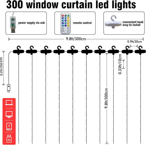 300 9.8ft x9.8ft 8 Dazzle Bright Curtain String Lights, LED Warm White Fairy Lights with Lighting Modes, Waterproof