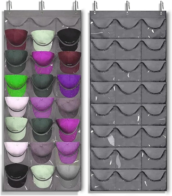 Premium Hat Rack Organizer for Wall or Door, 24 Clear Deep Pockets for Caps, Hooks Included