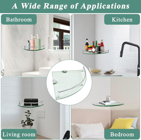 Boocalny 2 Pack 9.25x9.25x0.24 Glass Corner Shelf, Corner Shower Shelf with Stainless Steel Rails, Tempered Glass