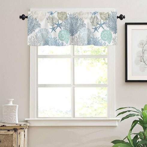 Blue Farmhouse Short Window Curtain Valances, Summer Beach Coral Starfish Valances, Nautical Coastal Rod Pocket