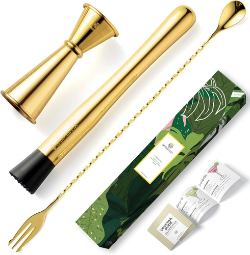 Homestia 10" Stainless Steel Muddler, 12" Cocktail Spoon, 1 oz 2 oz Double Jigger, 3 PCS Gold Cocktail Set for Beverages