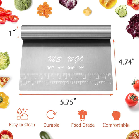 Pro Dough Pastry Scraper/Cutter/Chopper, Stainless Steel Mirror Polished with Measuring Scale, Multipurpose