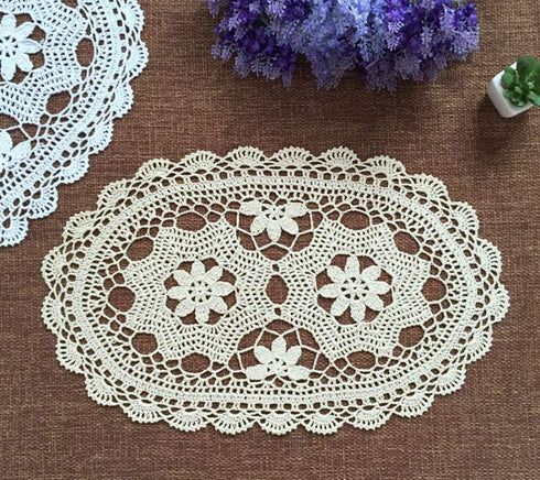 Hetao 11X19 Inch 100% Doilies-2pc Cotton Handmade Lace Crochet Oval Table mats Placemats Doily Beige