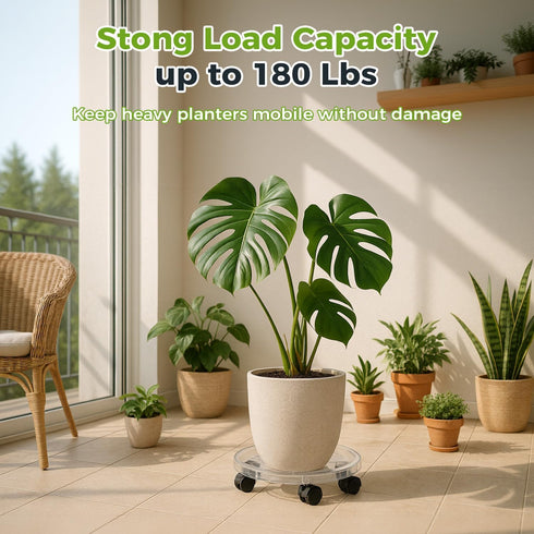 4 Packs 10.2 inches Small Clear Plant Caddy Plant Saucers on Wheels Rolling Plant Stands Heavy-duty Plant Dolly Plastic