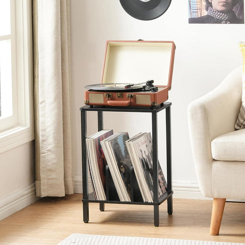 2-Tier 100 Albums, BK05RS01 HOOBRO Small End Table, Record Player Stand Vinyl Record Turntable Stand with Storage up