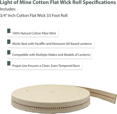 Light of Mine 3/4" Inch 33' Foot 100% Cotton Flat Wick for Paraffin Oil Lanterns and Oil Lamps