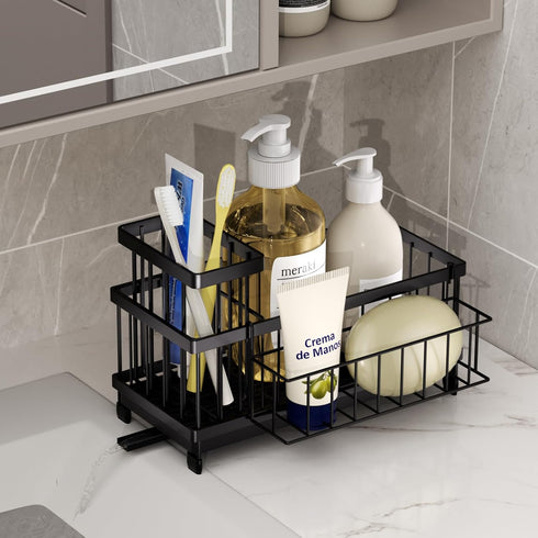 360Auto-Drain Countertop SWTYMIKI Sink Caddy Sponge Holder - Large Sponge Holder for Kitchen Sink with Tray, Rustproof