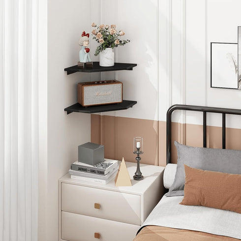 Set 2 Homode Corner Shelf Wall Mount, of Corner Floating Shelves with Wire Hole for TV, Cable Box, Wood Hanging Storage