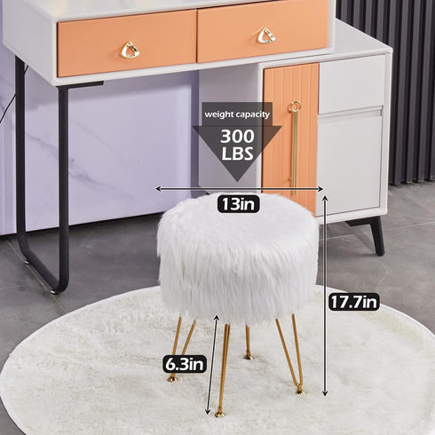 4 Mxfurhawa Faux Fur Storage Ottoman Round Furry Vanity Stool Marble Grain Tray Coffee Table Compact Footrest