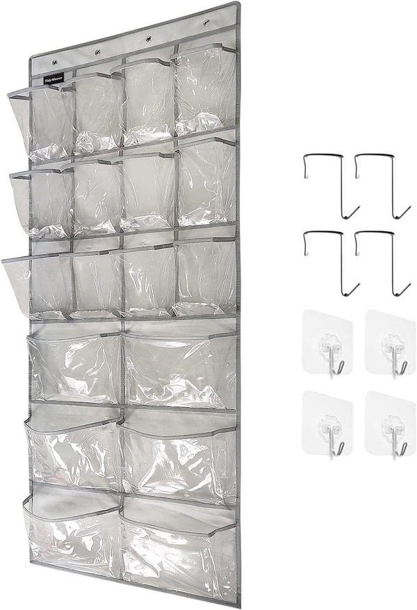 1 Pack Extra Large Hanging Crystal Clear Over Door Shoe Organizer, Closet Shoe Rack with 12+6 Pockets, Grey