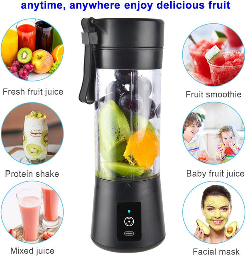 Portable Blender Bottles, Personal Mini Blender for Shakes & Smoothies, 13oz USB-C Rechargeable (Black)
