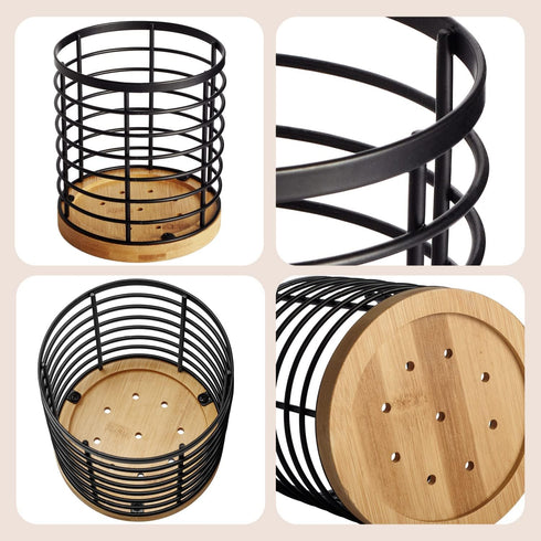 Utensil Holder for Kitchen Counter, 5.2" x 5.2" x 6" Large Round with Wooden Base, Matte Black Utensil Organizer