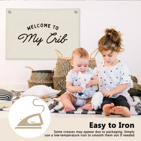 Welcome to My Crib Kids Room Decor - Linen Banner Wall Hanging Canvas Banner Flag Decor for Toddler Boys Girls Bedroom