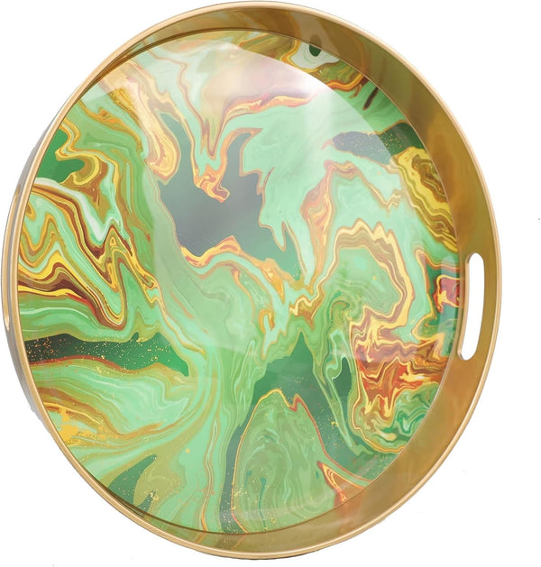 Round Green Marbling Decorative Tray with Handles, 13" Morden Plastic Serving Tray