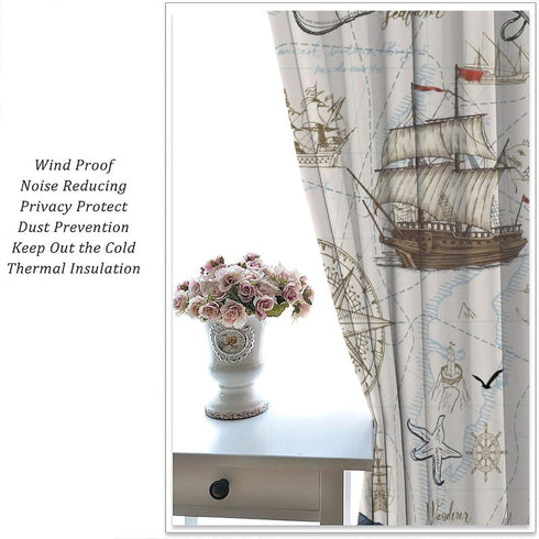 Sailboat 42x54in Nautical Curtains, Vintage Map Lighthouse Anchor Starfish Boat Anchor Sea Animal Blackout Window