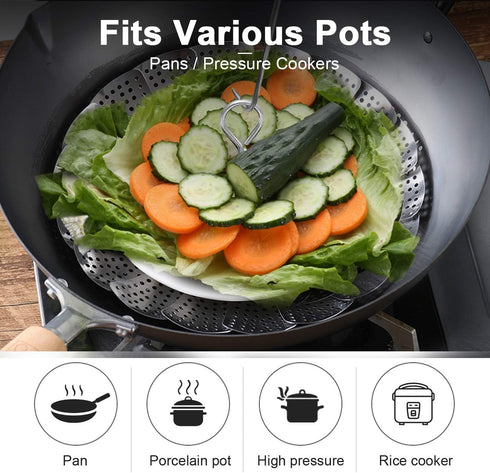 Stainless Steel Steamer Basket for Instant Pot, Adjustable Sizes for Veggie/Seafood Cooking (5.1" to 9.5")