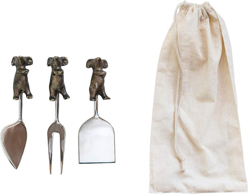 Creative Co-Op Cast Aluminum Cheese Servers with Mice Shaped Handles - Set of 3 Styles in Drawstring Bag