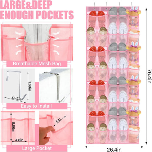 40 Closet Windyun Over the Door Shoe Organizer Large Breathable Mesh Pockets Pink Hanging Shoe Rack for Behind Door