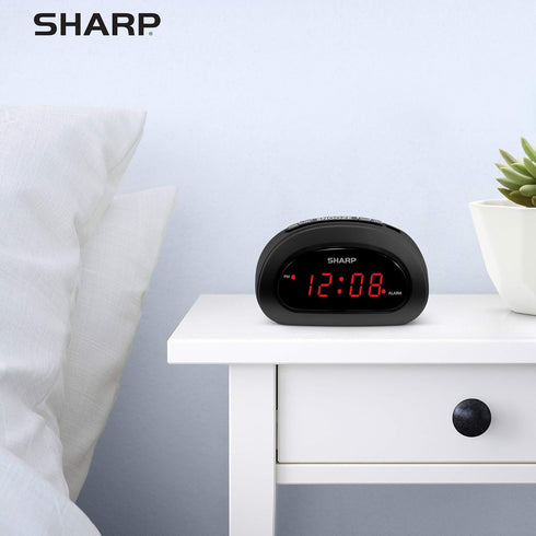 Sharp Small Digital Alarm Clock, Space-Saving Bedside Clock with Large Red LED Display, Battery Backup