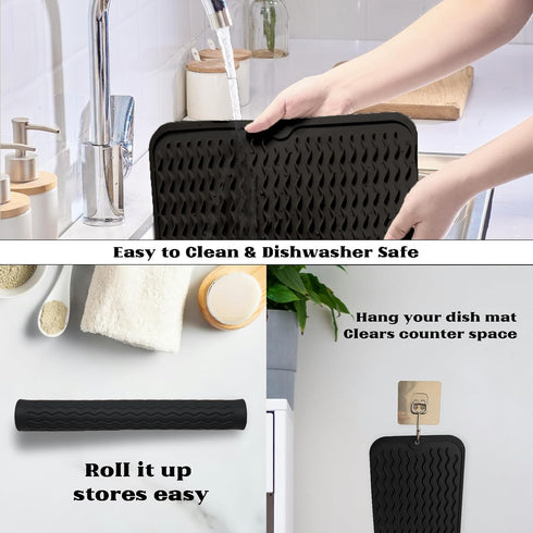 ZLR Silicone Dish Drying Mat, 12" x 16" Large, Eco-Friendly, Heat Resistant Trivet, Easy Clean Multi-Usage, Black