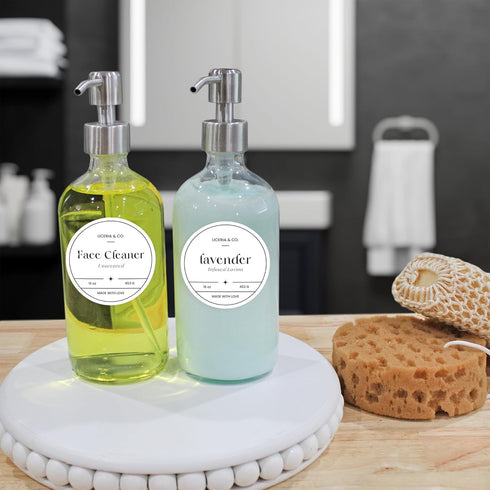 Cornucopia Brands 16-Ounce Clear Glass Bottles with Stainless Steel Pumps (2 Pack) - Great for Liquid Soaps & Essential