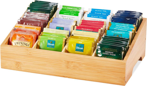 Tea Bag Organizer - Bamboo Storage with 12 Compartments for Tea Bags, Natural Bamboo for Kitchen Cabinet