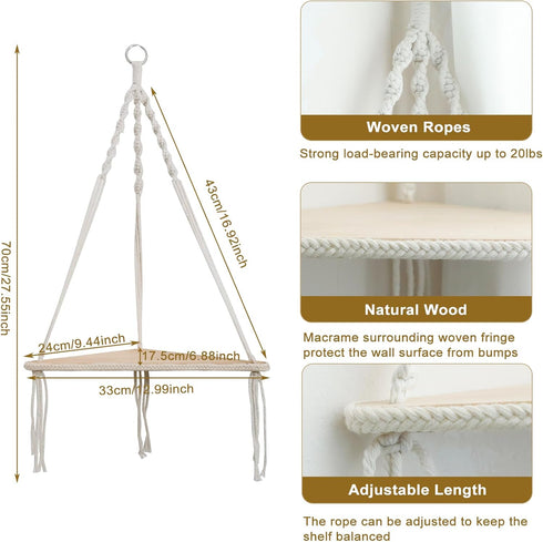 Artilady Macrame Corner Shelf Wall Hanging - White Corner Floating Shelves Boho Wall Decor, Rustic Wooden Plant Shelf