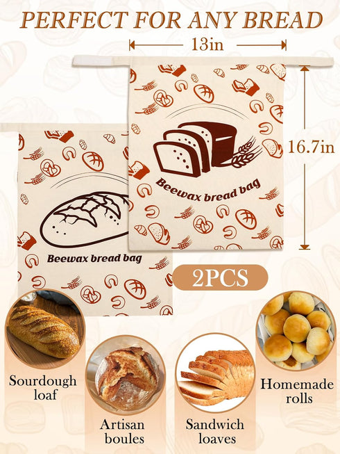 2 13''x16.7'' 2 ANPHSIN pcs Natural Beeswax Bread Bags with Sealing Zipper - Reusable Sourdough Storage Wraps