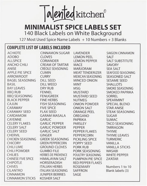 Talented Kitchen 140 Minimalist Spice Jar Labels, Preprinted Waterproof Kitchen Organization Stickers for Spice Jars