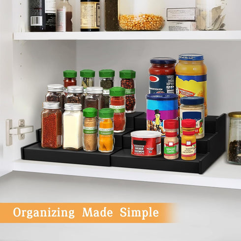 Spice Rack Organizer, 3 Tier Expandable Bamboo Spice Rack for Kitchen Cabinet, Cupboard, Pantry - Black (2pack)