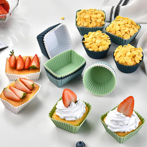 12 Pack Reusable Silicone Cupcake Baking Cups, Standard Round, Square & Rectangle Muffin Liners, Non-Toxic, BPA Free