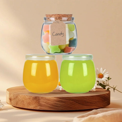 NEWMIAO 20 Pack 7 oz Glass Yogurt Jars with Cork Lids and PE Lids, Glass Pudding Jars Candles Jars, Small Containers