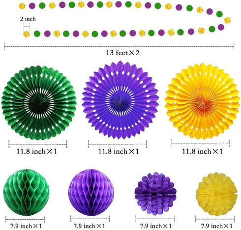 Decor365 Glitter Circle Garlands Banner, Gold Purple Green Mardi Gras Party Decorations, Hanging Paper Fan Tissue
