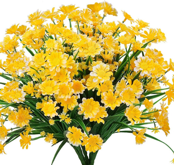 Artificial Daisies Flowers 4 Bundles Yellow UV Resistant Fake Foliage Greenery Faux Plants for Indoor Outdoor Decor