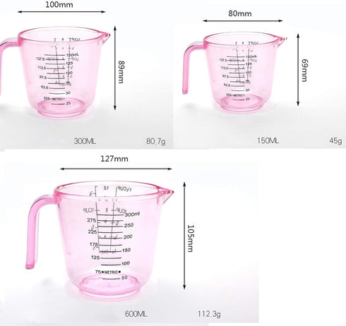 Plastic Measuring Cup Set, Kitchen Cooking and Baking Seasoning Liquid Measuring Cup, Multiple Scale Identification, with Handle and Triangle Mouth, 150ml, 300ml, 600ml, 3-piece Set (Pink) by BOEYAA