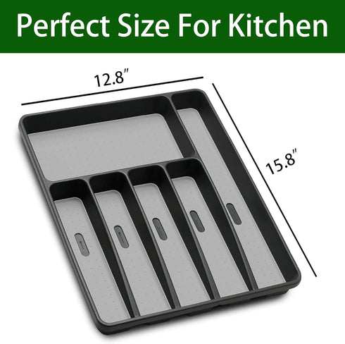 Silverware Organizer Plastic Tray for Kitchen Drawer, 6 Compartment Utensil Organizer in Black