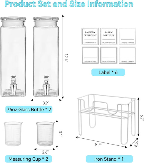 SACIOVEE 2 Pack 76oz Glass Laundry Detergent Dispenser with Stand, Laundry Soap & Fabric Softener Dispenser for Laundry