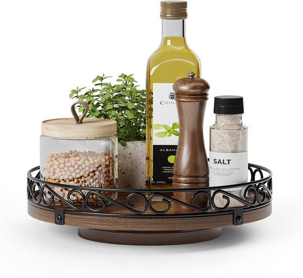 9" Lazy Susan Turntable Organizer for Table Top, Round Wooden Lazy Susan