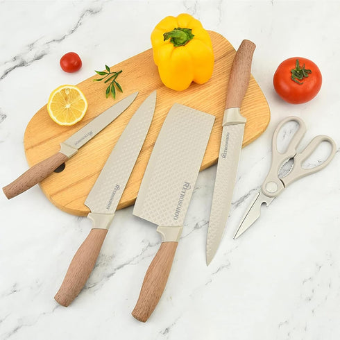Kitchen Knife Set, Retrosohoo 6-Pieces Khaki Sharp Knife Set with Universal Knife Block