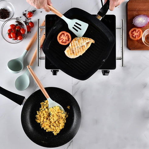 Kitchen Utensils Set, 5 Pcs Non-Stick Silicone Kitchen Cooking Utensils with Wooden Handle, Kitchen Spatula Cookware Utensils Set, Heat Resistant Silicone Kitchen Gadgets (Light Green) by SHUNIKING