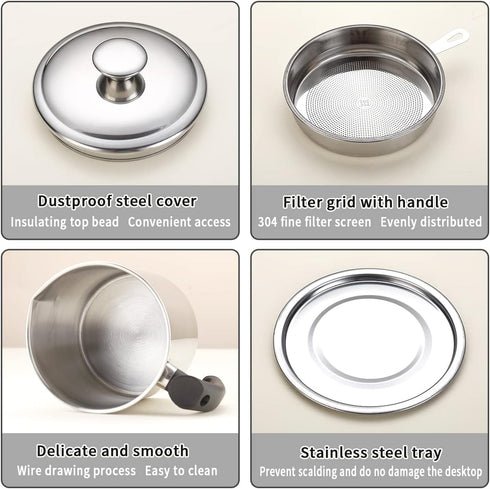 48 oz 1. Kyraton Bacon Grease Container With Strainer, Stainless Steel Oil Container, Pot Fat Storage With Lid, Easy
