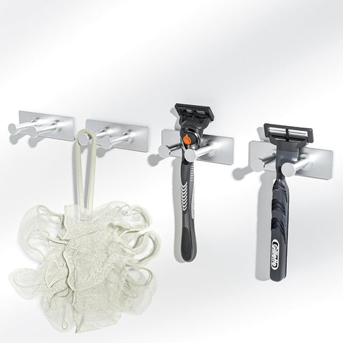 Extra Sticky Stainless Shower Hooks, Wall Mounted Razor Holder, Self-Adhesive Double Hooks for Towel, Loofah, Coat