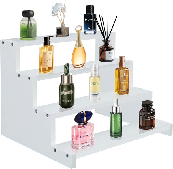 4 Tier White Wooden Display Stand Step Shelf Organizer for Perfume Skincare