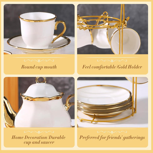 20 Set Set Sets, Set Pcs Porcelain Tea with Metal Holder, European Ceramic Tea for Adults, Coffee Tea Gift French Tea