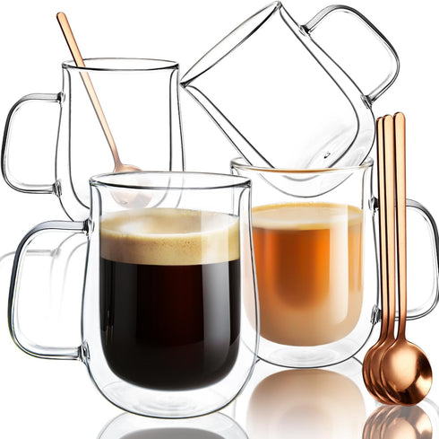 Double Walled Glass Coffee Mugs 16 OZ, Borosilicate Glass Coffee Cups Set